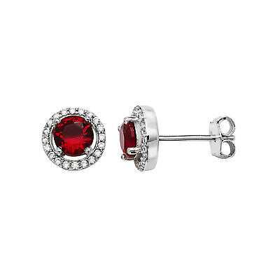 Garnet Halo Stud Earrings Sterling Silver Studs British Made 925 Hallmark