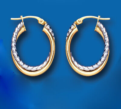 Oval Creole Hoop Earrings Two Colour White and Yellow Gold Hoops 15 x 24mm