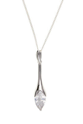 Sterling Silver Marquise Solitaire Pendant 18" Chain 925 Hallmark
