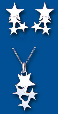 Silver Multi Star Pendant and Earrings Set Solid Sterling Silver 925 16 - 18"