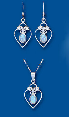 Blue Opal Pendant and Earrings Set Solid Sterling Silver Hearts