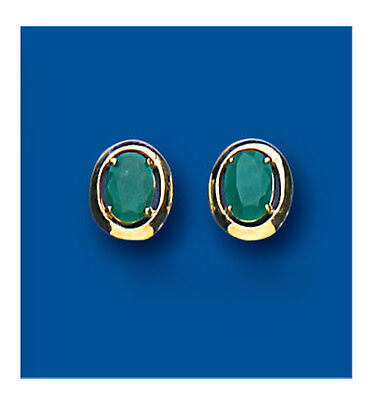 9ct Gold Emerald Stud Earrings Yellow Gold Oval Solitaire May Birthstone