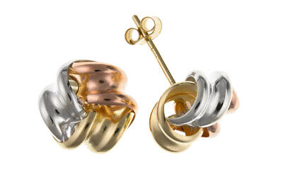 Multi Tone Gold Knot Stud Earrings 6mm 9 Carat Yellow Rose White Studs British