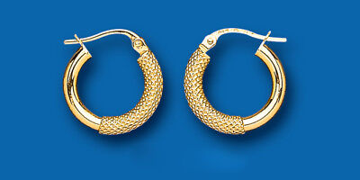 Hoop Earrings Yellow Gold 15mm Textured Hoops Creole Hallmarked 15mm