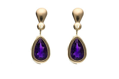 9ct Yellow Gold Amethyst Drop Earrings Pear Drops Hallmark February Birthstone