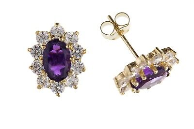 9ct Gold Amethyst Stud Earrings Yellow Gold Cluster February Birthstone Hallmark