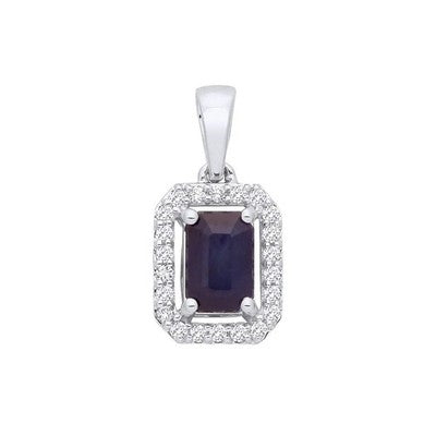 Sapphire and Diamond Pendant Rectangular Halo 18ct White Gold 18" Chain Hallmark