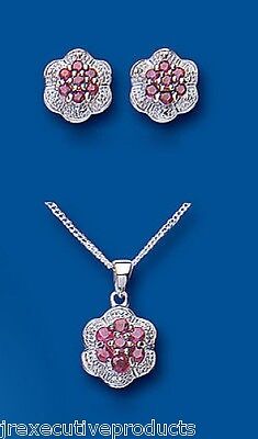 Ruby and Diamond Set Solid Sterling Silver Pendant and Stud Earrings