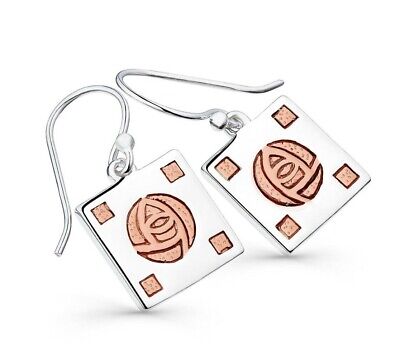 Mackintosh Rose Square Drop Earrings Solid Sterling Silver Rose Gold Detail
