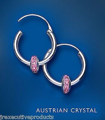 Silver Hoop Creole Earrings Pink Crystal 18mm 925 hallmark