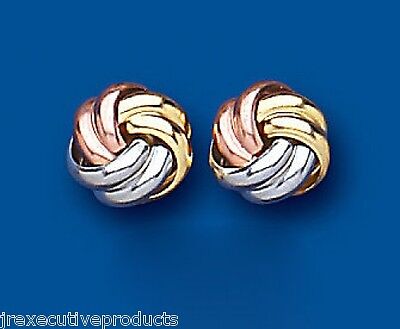 Three Colour Gold Knot Stud Earrings Solid Yellow Rose and White Gold 8mm Studs