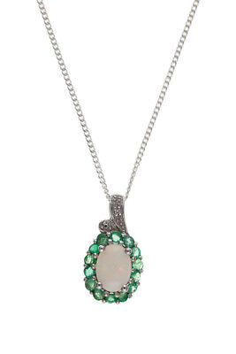 Emerald and Opal Pendant Solid Sterling Silver Diamond Necklace Natural Stones
