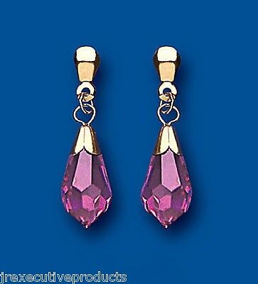 9ct Yellow Gold Pink Crystal Drop Earrings Teardrop Hallmarked British Made