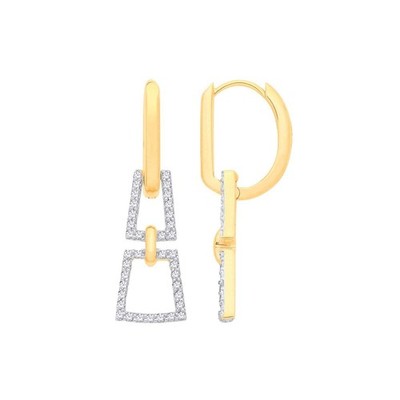 Real Diamond Geometric Drop Earrings 9k Yellow Gold Hoop Dangle Modern Design