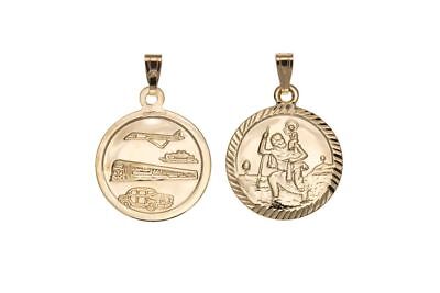 Double Sided St. Christopher Yellow Gold Train Boat Plane 16mm Diamond Cut