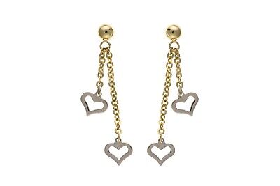 Two Heart Drop Earrings 9ct Yellow and White Gold Drops Dangly Hallmarked