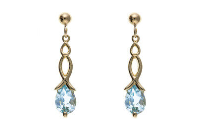 9ct Yellow Gold Blue Topaz Drop Earrings Pear Drops Hallmark November Birthstone