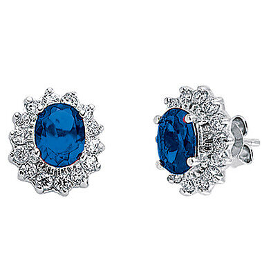Sapphire Earrings Cluster Stud Sterling Silver Studs Platinum Plated Oval