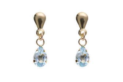 9ct Yellow Gold Blue Topaz Drop Earrings Hallmark November Birthstone