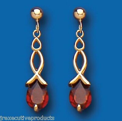 9ct Yellow Gold Garnet Drop Earrings Twist Drops Hallmark January Birthstone