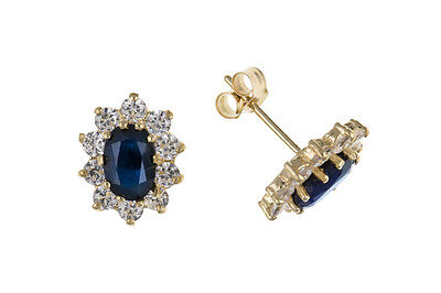Gold Sapphire Pendant & Earrings Set Solid Yellow Gold Cluster Hallmarked
