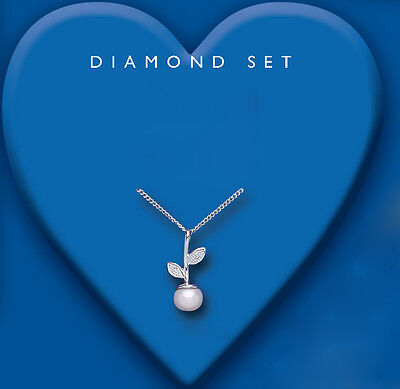 Pearl and Diamond Pendant Solid Silver Real Diamond Leaf Design 925 hallmark