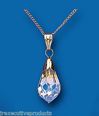 Austrian Crystal Tear Drop Pendant Yellow Gold 18" Chain Hallmarked British Made