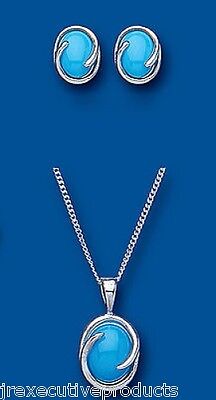 Turquoise Ovals Pendant and Earrings Set Solid Silver