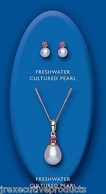 Ruby and Pearl Pendant and Earrings Set Solid Yellow Gold Hallmarked Freshwater
