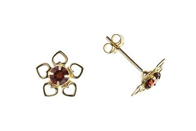 9ct Gold Garnet Flower Earrings Flowers Hearts Yellow Gold January Birthstone
