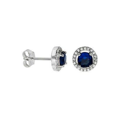 Sapphire Halo Stud Earrings Sterling Silver Studs British Made 925 Hallmark