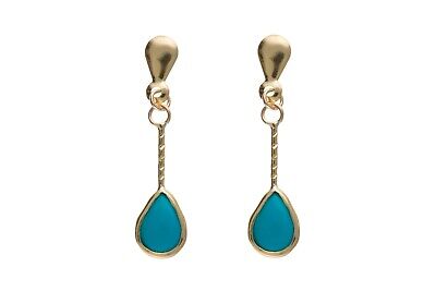 9ct Yellow Gold Turquoise Drop Earrings Stick Drops Hallmark December Birthstone