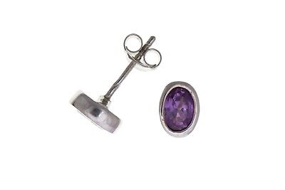 Real Amethyst Silver Earrings Oval Stud 925 Hallmark Studs