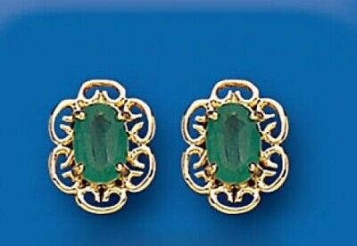 9ct Gold Emerald Stud Earrings Yellow Gold Filigree May Birthstone Hallmark