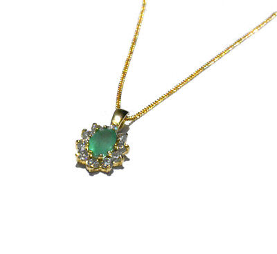 Yellow Gold Emerald Pendant Cluster Hallmarked 18" Chain Natural Emeralds