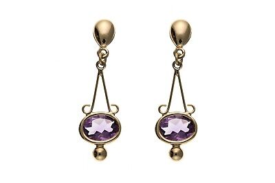 9ct Yellow Gold Amethyst Drop Earrings Oval Drops Hallmark February Birthstone