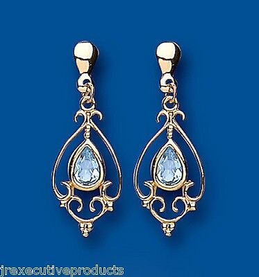 9ct Yellow Gold Blue Topaz Drop Earrings Chandelier Hallmark November Birthstone