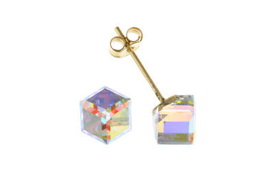 9ct Gold Austrian Crystal Cube Stud Earrings Yellow Gold Hallmarked