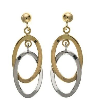 Two Colour Double Oval Drop Earrings 9ct Yellow and White Gold Drops Hallmarked