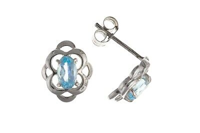 Silver Blue Topaz Earrings Oval Stud Studs Real Stone 925 Hallmark