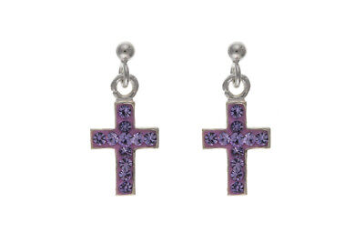 Silver Cross Drop Earrings Purple Austrian Crystal Drops Dangly