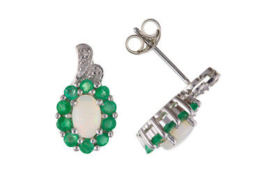 Emerald and Opal Pendant and Earrings Set With Diamond Solid Sterling Silver
