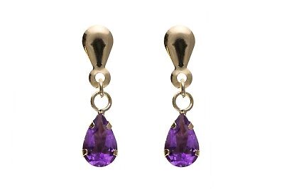 9ct Yellow Gold Amethyst Drop Earrings Pear Drops Hallmark February Birthstone