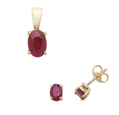 Ruby Pendant and Earrings Set Oval Solitaire 9ct Yellow Gold Hallmarked