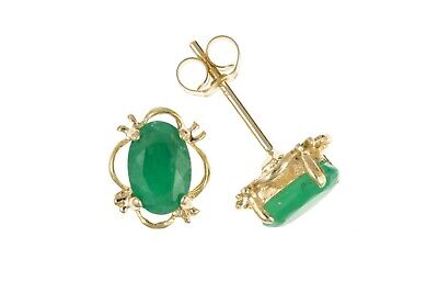 9ct Gold Emerald Earrings Oval Solitaire Stud Yellow Gold May Birthstone