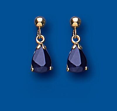 9ct Yellow Gold Sapphire Drop Earrings Pear Drops Hallmark September Birthstone