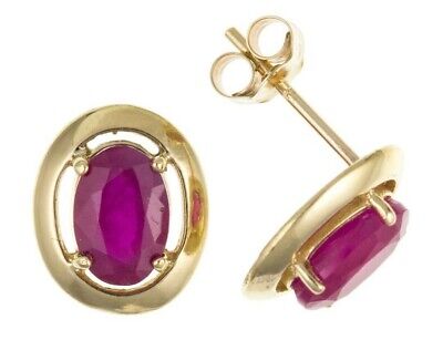 9ct Gold Ruby Stud Earrings Yellow Gold Oval Solitaire July Birthstone