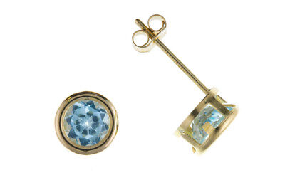 9ct Gold Blue Topaz Stud Earrings Solitaire Yellow Gold November Birthstone