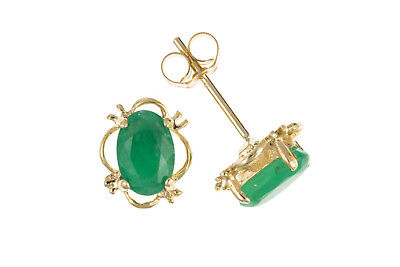 9ct Gold Emerald Earrings Oval Solitaire Stud Yellow Gold May Birthstone