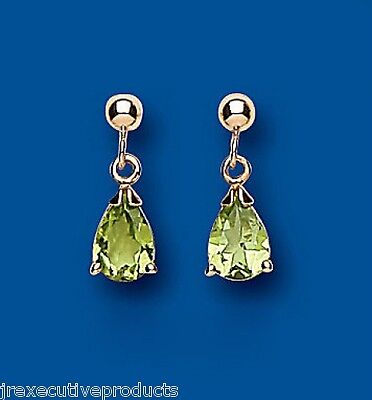 9ct Yellow Gold Peridot Drop Earrings Teardrop Hallmarked August Birthstone